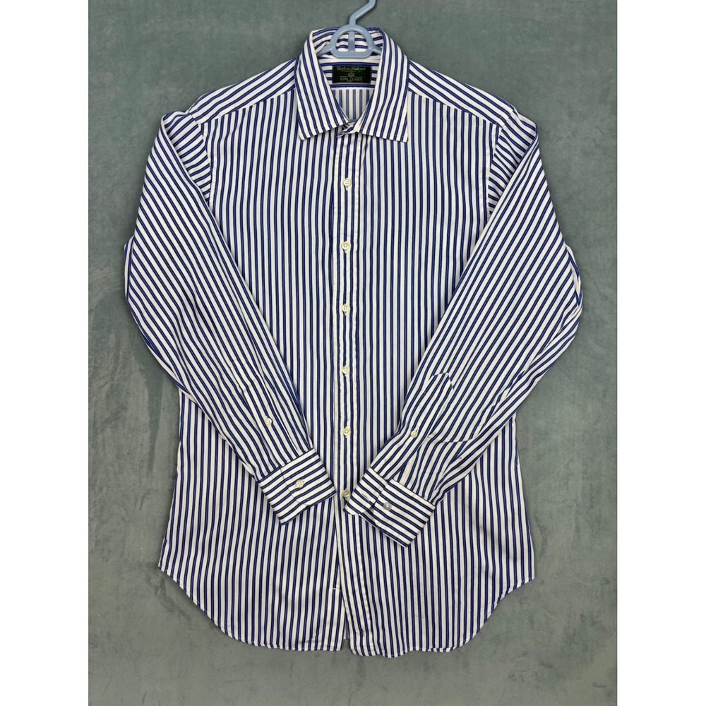 Tom James Custom Tailored Mens Blue White Striped Dress Shirt Long Sleeve Large